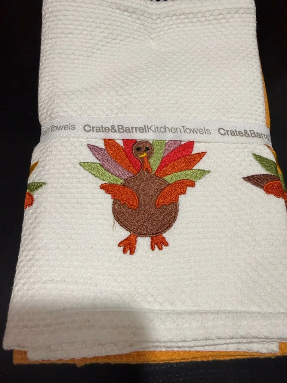 Crate&Barrel Waffle Weave Dish or Hand Towels with Embroidered Turkey Motif